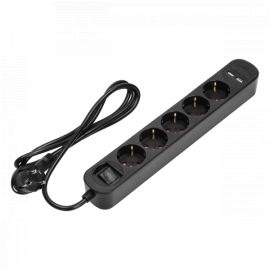 PS-1(GS)/B/1.5M crna prenosna priključnica sa pet priključnice i 2 USB punjača + prenaponska zaštita, 1,5m 3x1.00mm2 kabla, L flat utikač VIRONE