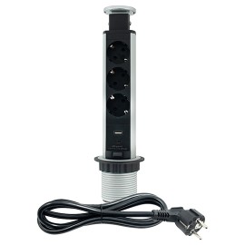 ME-PN-1203-USB/S-3 1.8m srebrno-crna POPUP nameštajska priključnica trostruka + USB Tip-A+Tip-C 5V 2.1A 10W, 16A 250V-3600W 3x1.5mm2 Mitea Electric